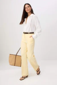 TRENDYOLMİLLA Light Yellow Iron Trace Plain Hem 100% Linen Pants - Image 2