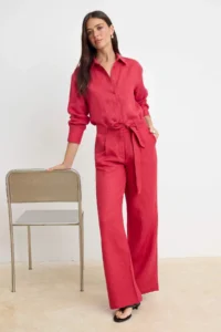 TRENDYOLMİLLA Brick Red Belted 100% Linen Weaving Pants