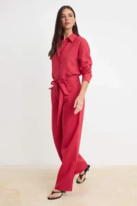 TRENDYOLMİLLA Brick Red Belted 100% Linen Weaving Pants - Image 2