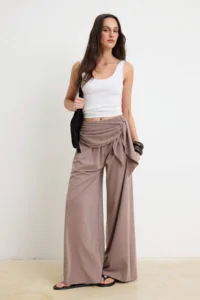 TRENDYOLMİLLA Mink Premium Lyocell Wide Leg Belted Regular Waist LONG Knitting Pants