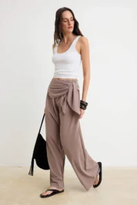 TRENDYOLMİLLA Mink Premium Lyocell Wide Leg Belted Regular Waist LONG Knitting Pants - Image 2