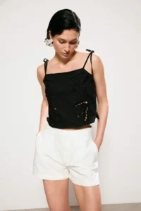 TRENDYOLMİLLA Trendyol Studio WHITE pleated Mini slit DENIM Shorts