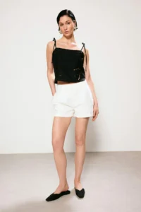 TRENDYOLMİLLA Trendyol Studio WHITE pleated Mini slit DENIM Shorts - Image 2