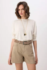TRENDYOLMİLLA Beige Vintage Washed High Waist City Size DENIM Shorts - Image 2