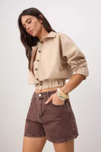 TRENDYOLMİLLA Burgundy Vintage Washed High Waist City Size DENIM Shorts - Image 2