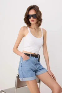 TRENDYOLMİLLA Mavi Belt Detailed High Waist City Size DENIM Shorts - Image 2