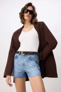 TRENDYOLMİLLA Mavi Hem Kesikli High Waist Ekstra Mini Shorts