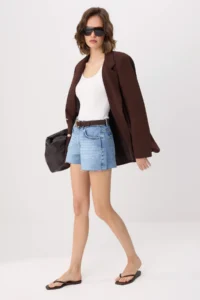 TRENDYOLMİLLA Mavi Hem Kesikli High Waist Ekstra Mini Shorts - Image 2