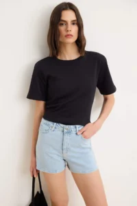 TRENDYOLMİLLA Light Blue High Waist City Size Az Flexible DENIM Shorts - Image 2