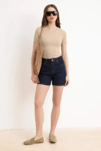 TRENDYOLMİLLA DARK BLUE High Waist City Size DENIM Shorts