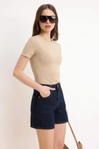 TRENDYOLMİLLA DARK BLUE High Waist City Size DENIM Shorts - Image 2