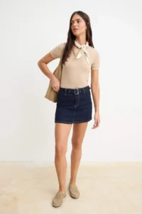 TRENDYOLMİLLA DARK BLUE Belt Detailed Ekstra Flexible DENIM Shorts Skirt - Image 2