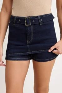 TRENDYOLMİLLA DARK BLUE Belt Detailed Ekstra Flexible DENIM Shorts Skirt - Image 3
