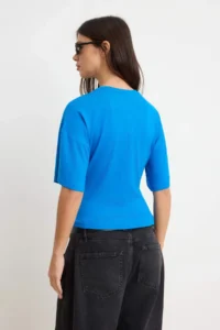 TRENDYOLMİLLA Saks Blue Fitted/Waist Fitting Drop Sleeve Three Quarter Soft Knitting T-Shirt - Image 4