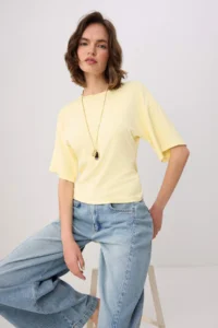 TRENDYOLMİLLA Yellow Fitted/Waist Fitting Drop Sleeve Three Quarter Soft Knitting T-Shirt - Image 2