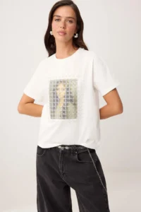 TRENDYOLMİLLA Ecru Printed relaxed/Rahat Pattern Drop Sleeve Short Sleeve Tok 100% Cotton Knitting T-Shirt