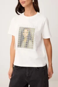 TRENDYOLMİLLA Ecru Printed relaxed/Rahat Pattern Drop Sleeve Short Sleeve Tok 100% Cotton Knitting T-Shirt - Image 3