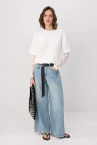 TRENDYOLMİLLA Ecru Oversized/Wide Pattern Drop Sleeve Lace Long Sleeve Soft Touch Knitting T-Shirt