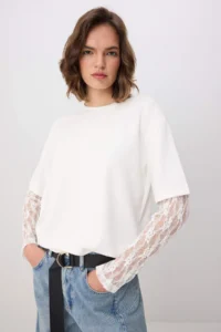 TRENDYOLMİLLA Ecru Oversized/Wide Pattern Drop Sleeve Lace Long Sleeve Soft Touch Knitting T-Shirt - Image 2