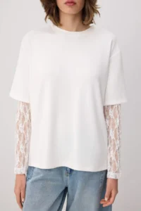 TRENDYOLMİLLA Ecru Oversized/Wide Pattern Drop Sleeve Lace Long Sleeve Soft Touch Knitting T-Shirt - Image 4