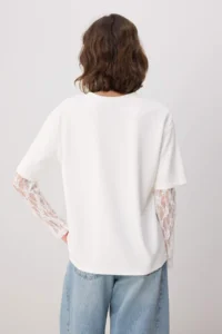 TRENDYOLMİLLA Ecru Oversized/Wide Pattern Drop Sleeve Lace Long Sleeve Soft Touch Knitting T-Shirt - Image 5