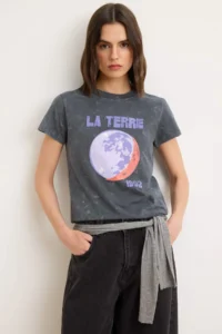 TRENDYOLMİLLA Gray Printed Fitted Crew Neck Short Antique/Faded Effect 100% Cotton Knitting T-Shirt