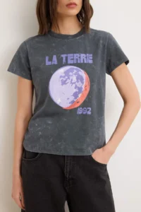 TRENDYOLMİLLA Gray Printed Fitted Crew Neck Short Antique/Faded Effect 100% Cotton Knitting T-Shirt - Image 3