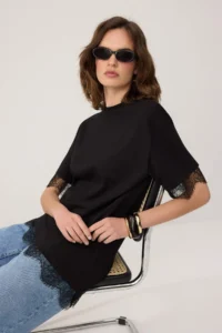 TRENDYOLMİLLA Black Regular/Normal Pattern Lace Drop Sleeve Short Sleeve Soft Touch Knitting T-Shirt