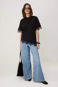 TRENDYOLMİLLA Black Regular/Normal Pattern Lace Drop Sleeve Short Sleeve Soft Touch Knitting T-Shirt - Image 2