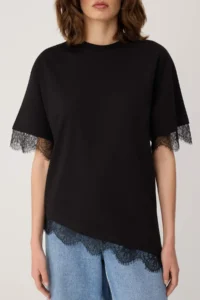 TRENDYOLMİLLA Black Regular/Normal Pattern Lace Drop Sleeve Short Sleeve Soft Touch Knitting T-Shirt - Image 3