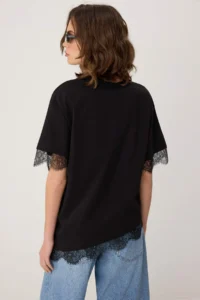 TRENDYOLMİLLA Black Regular/Normal Pattern Lace Drop Sleeve Short Sleeve Soft Touch Knitting T-Shirt - Image 4