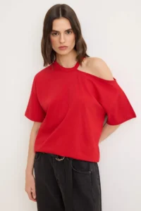 TRENDYOLMİLLA Red Plain Oversized Crew Neck Drop Sleeve Short 100% Cotton Knitting T-Shirt - Image 2