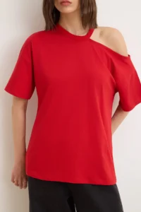 TRENDYOLMİLLA Red Plain Oversized Crew Neck Drop Sleeve Short 100% Cotton Knitting T-Shirt - Image 3