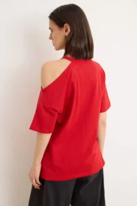 TRENDYOLMİLLA Red Plain Oversized Crew Neck Drop Sleeve Short 100% Cotton Knitting T-Shirt - Image 4
