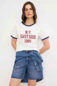 TRENDYOLMİLLA Ecru Slogan Regular Crew Neck Raglan Sleeve Short Tok 100% Cotton Knitting T-Shirt