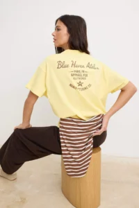 TRENDYOLMİLLA Light Yellow Plain Oversized Crew Neck Drop Sleeve Short LONG 100% Cotton Knitting T-Shirt