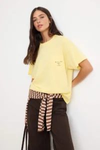 TRENDYOLMİLLA Light Yellow Plain Oversized Crew Neck Drop Sleeve Short LONG 100% Cotton Knitting T-Shirt - Image 2