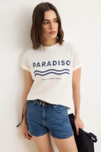 TRENDYOLMİLLA Ecru Printed Regular Crew Neck Standard Sleeve Short 100% Cotton Knitting T-Shirt