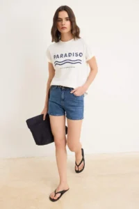 TRENDYOLMİLLA Ecru Printed Regular Crew Neck Standard Sleeve Short 100% Cotton Knitting T-Shirt - Image 2