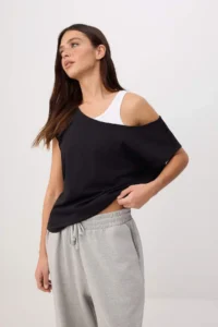 TRENDYOLMİLLA Black Color Bloklu Regular Boat Neck Drop Sleeve Short Tok 100% Cotton Knitting T-Shirt