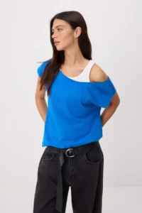 TRENDYOLMİLLA Saks Blue Color Bloklu Regular Boat Neck Drop Sleeve Short Tok 100% Cotton Knitting T-Shirt