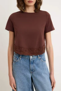 TRENDYOLMİLLA Brown Regular/Normal Pattern Short Sleeve Lace Tok 100% Cotton Knitting T-Shirt - Image 3