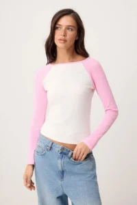 TRENDYOLMİLLA Ecru Plain Fitted Crew Neck Raglan Sleeve LONG Cotton Rib Knitting T-Shirt - Image 2