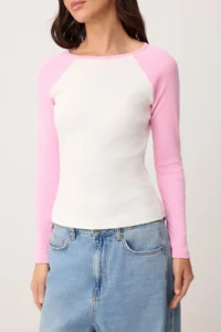 TRENDYOLMİLLA Ecru Plain Fitted Crew Neck Raglan Sleeve LONG Cotton Rib Knitting T-Shirt - Image 3