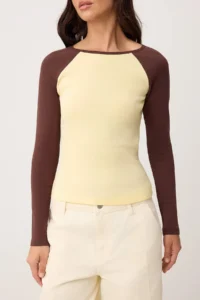 TRENDYOLMİLLA Light Yellow Plain Fitted Crew Neck Raglan Sleeve Cotton Rib Knitting T-Shirt - Image 3