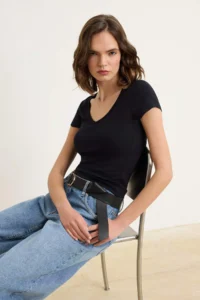 TRENDYOLMİLLA Black Plain Fitted V-neck Moon Arm Short Premium Soft Knitting T-Shirt