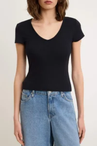 TRENDYOLMİLLA Black Plain Fitted V-neck Moon Arm Short Premium Soft Knitting T-Shirt - Image 3
