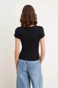 TRENDYOLMİLLA Black Plain Fitted V-neck Moon Arm Short Premium Soft Knitting T-Shirt - Image 4