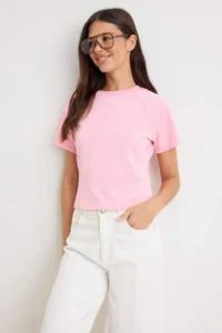 TRENDYOLMİLLA Light Pink Plain Fitted Crew Neck Raglan Sleeve Short LONG Cotton Flexible Knitting T-Shirt - Image 2