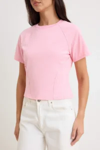 TRENDYOLMİLLA Light Pink Plain Fitted Crew Neck Raglan Sleeve Short LONG Cotton Flexible Knitting T-Shirt - Image 3